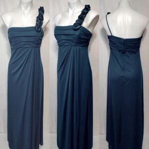 Cindy Dark Teal One-Shoulder Chiffon Gown Floral Applique Formal Long Dress L